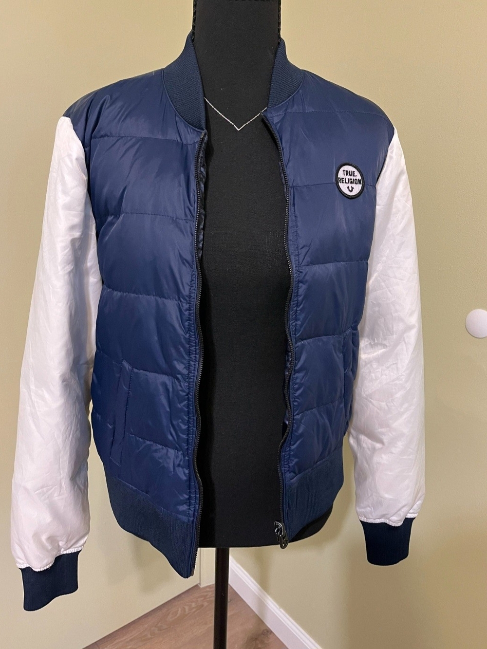 Women's True Religion Navy and White Reversible Puffer Bomber Jacket